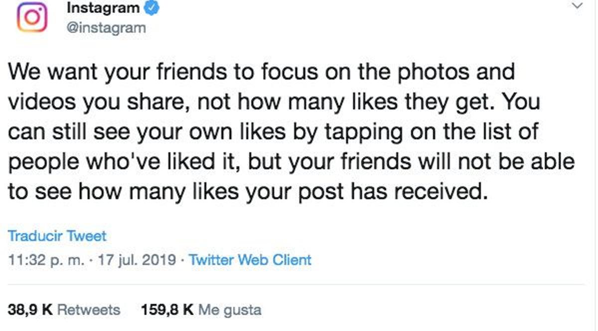 Tuit de Instagram sobre la omisión de 'likes'