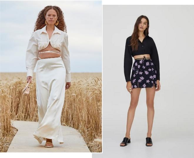 Look de top + falda con tiras en la cintura, visto en la pasarela PV 2021 de Jacquemus y en la nueva colección de Pull&amp;Bear