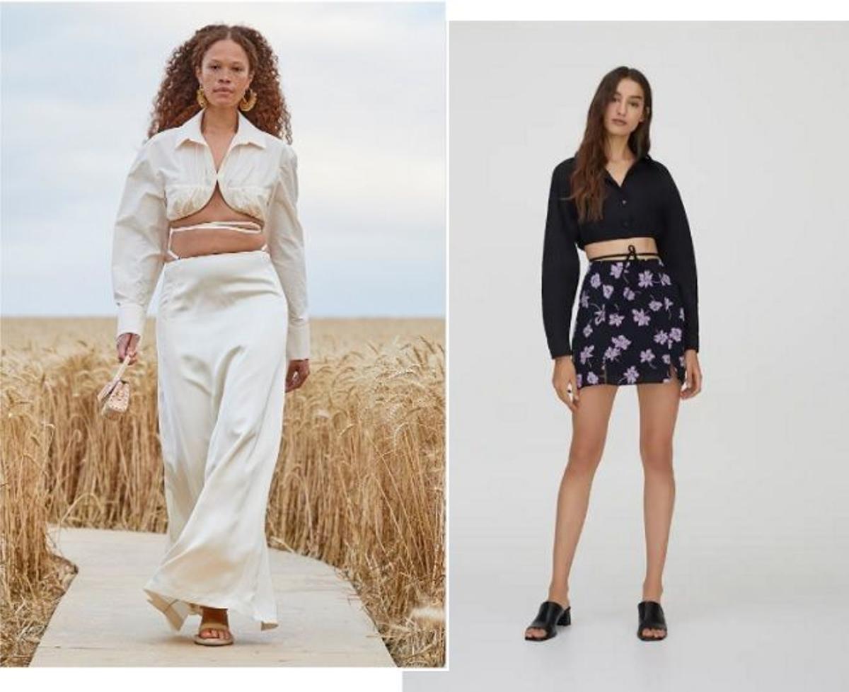 Look de top + falda con tiras en la cintura, visto en la pasarela PV 2021 de Jacquemus y en la nueva colección de Pull&Bear