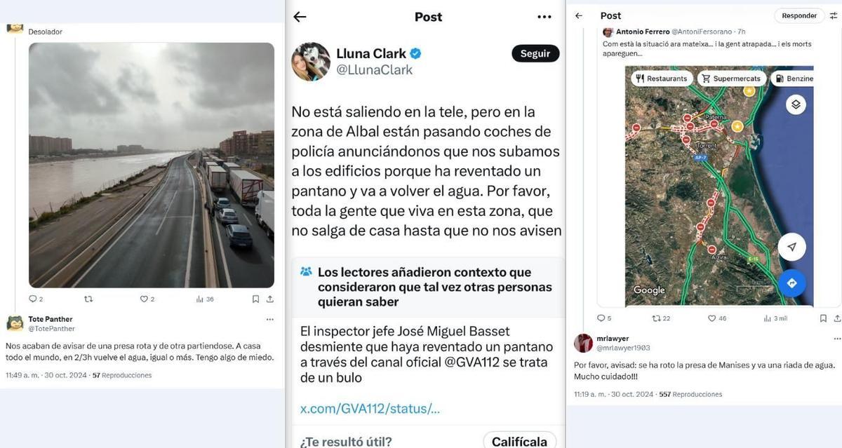 Diversos mensajes con contenido falso sobre la DANA que han circulado a lo largo de la jornada.