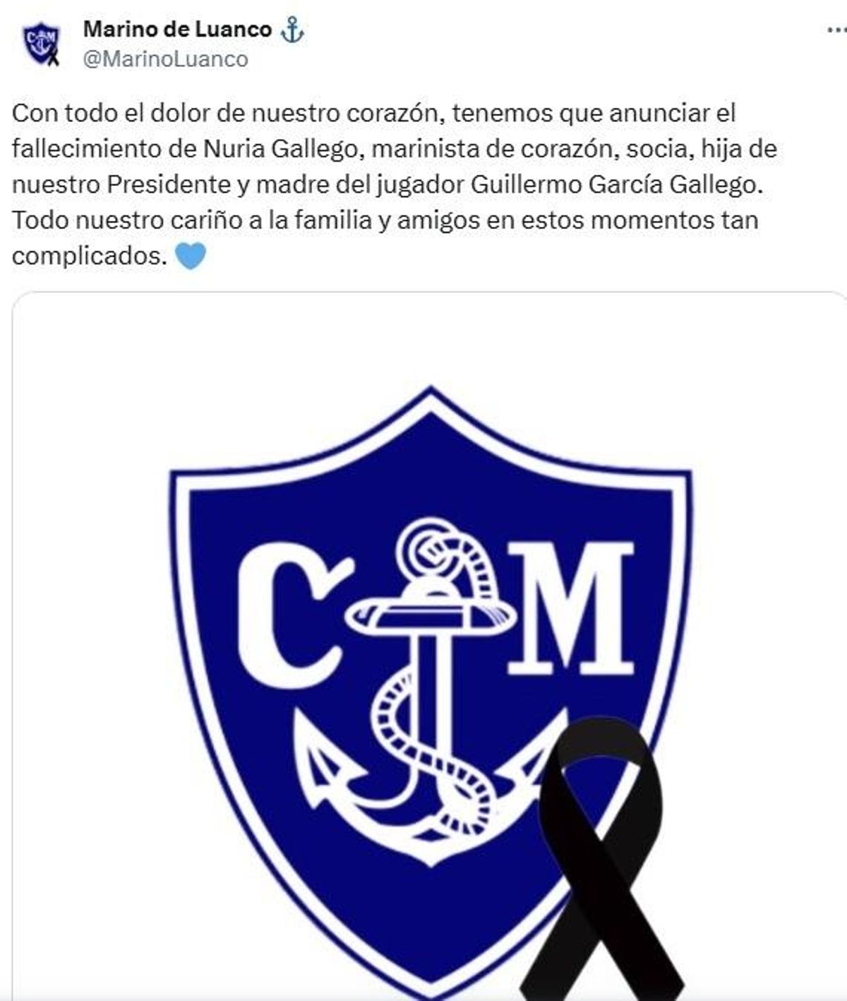 El mensaje de pésame a la familia del Marino de Luanco.