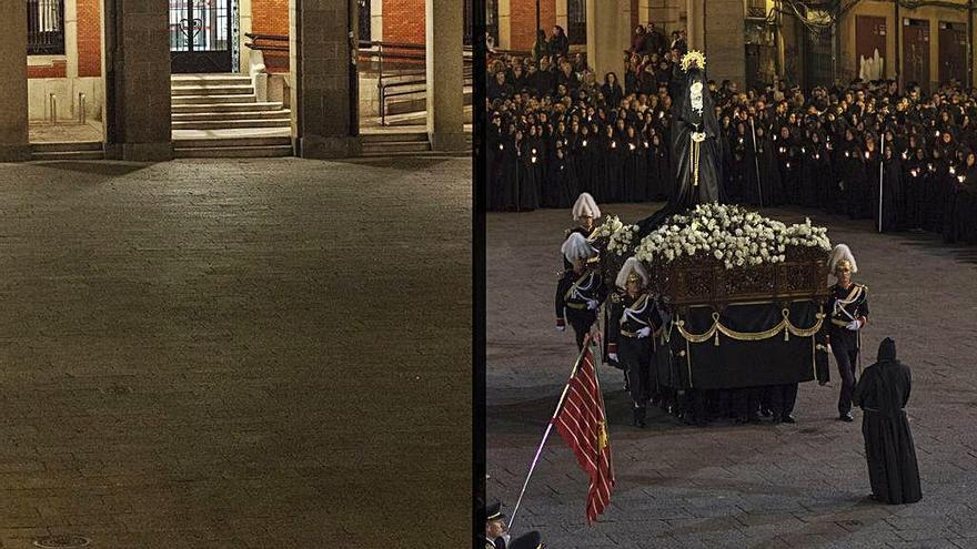 Montaje fotográfico que ofrece el contraste del desierto en la Plaza Mayor este año y la estampa habitual de años anteriores (derecha).