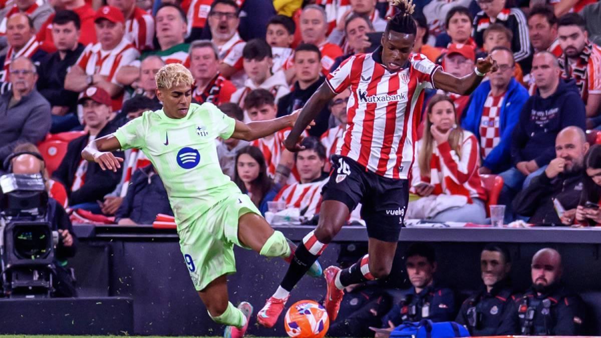 Nico Williams y Lamine, en un lance en San Mamés