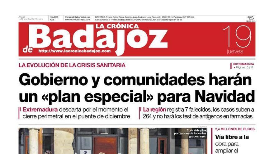 Esta es la portada de LA CRÓNICA DE BADAJOZ correspondiente al día 19 de noviembre del 2020