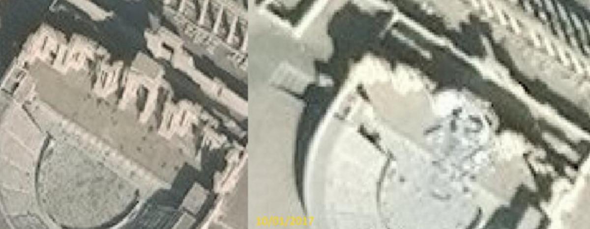 El teatro romano de Palmira, antes y después de los destrozos del Estado Islámico.
