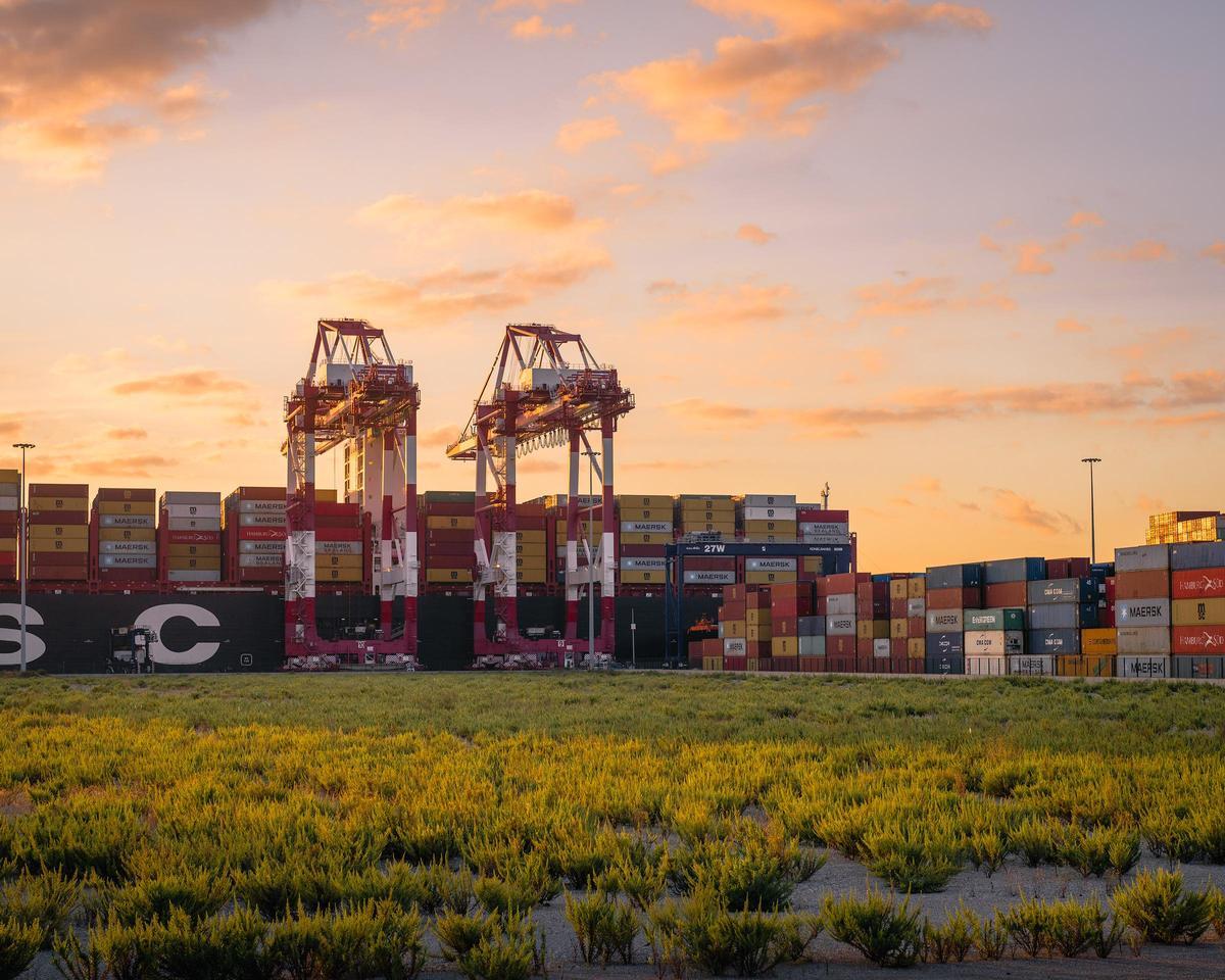 La terminal de contenidores Hutchison del Port de Barcelona con una portacontenedores atracado.