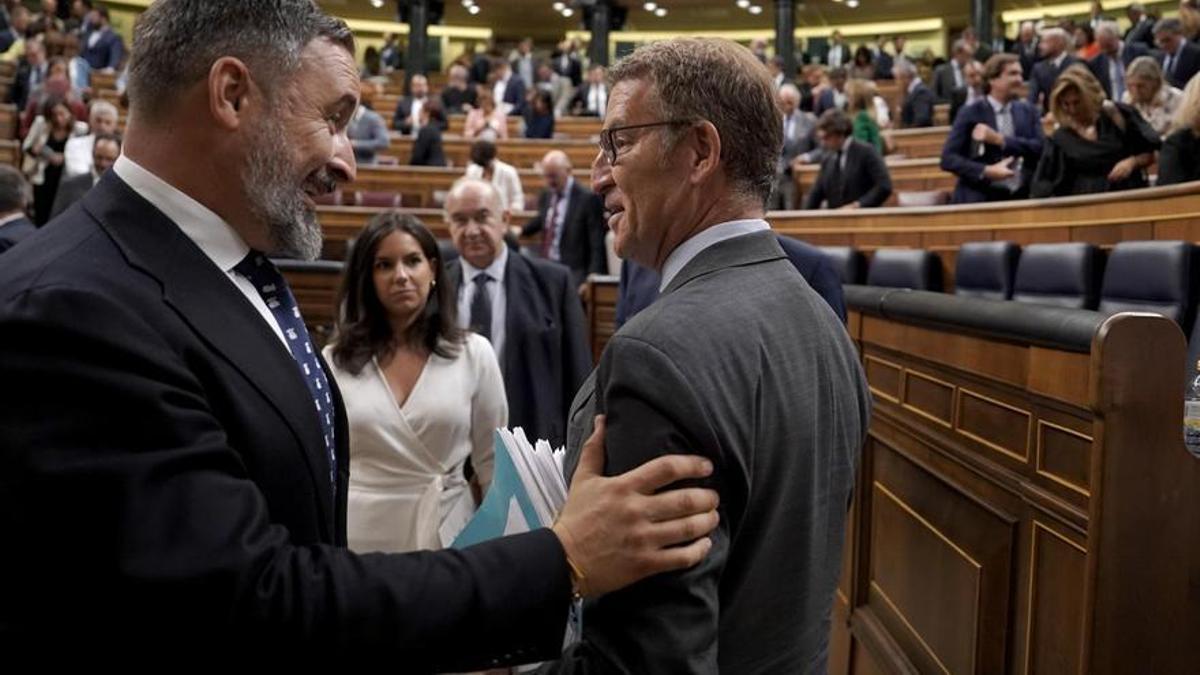 El líder del PP, Alberto Nuñéz-Feijóo y el líder de Vox, Santiago Abascal en el Congreso de los diputados