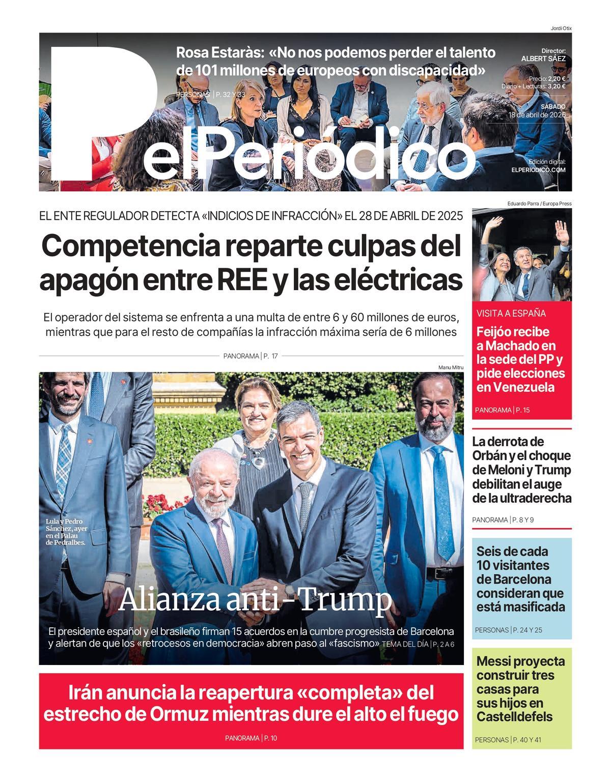 La portada de EL PERIÓDICO del 18 de abril de 2026