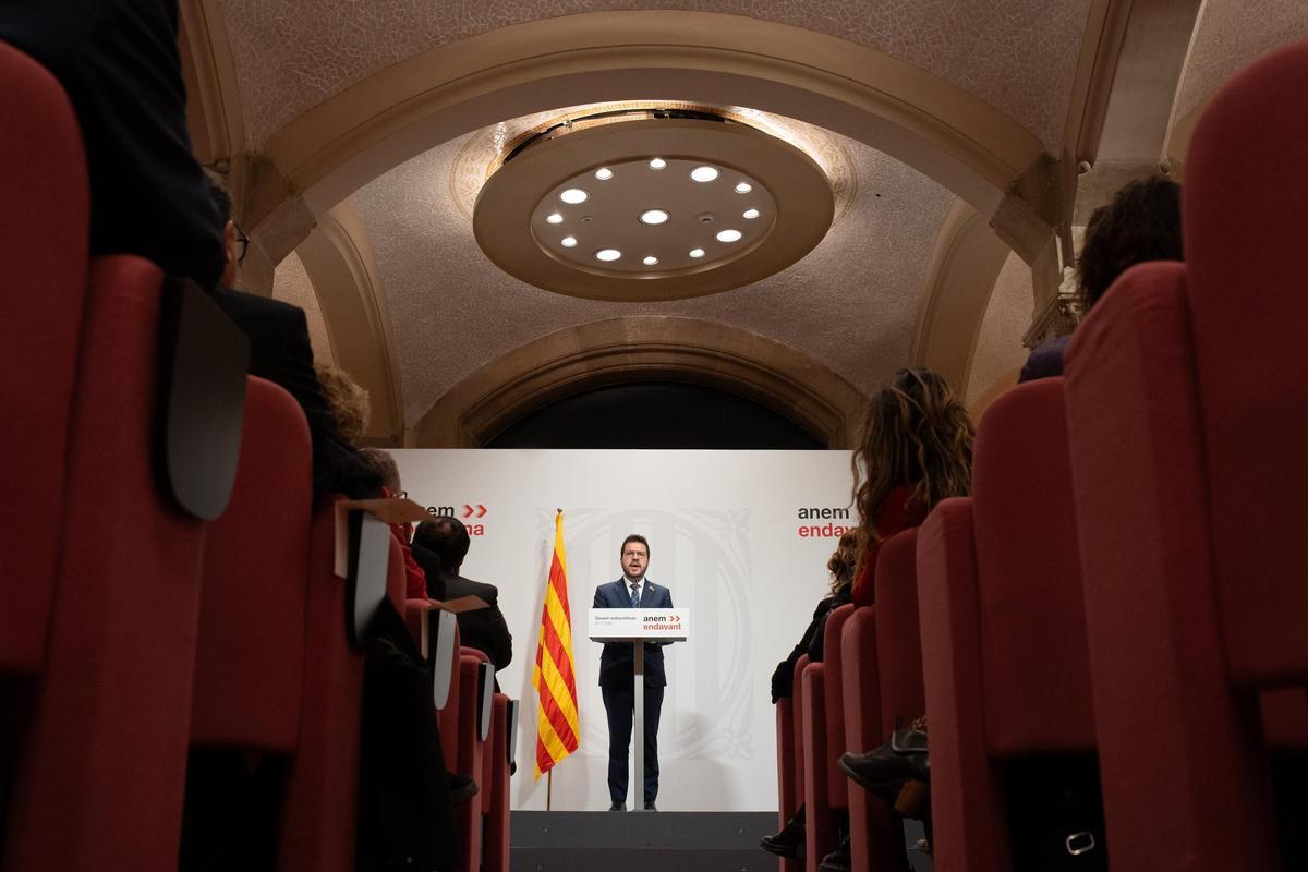 El president de la Generalitat, Pere Aragonès, este jueves en su comparencencia.