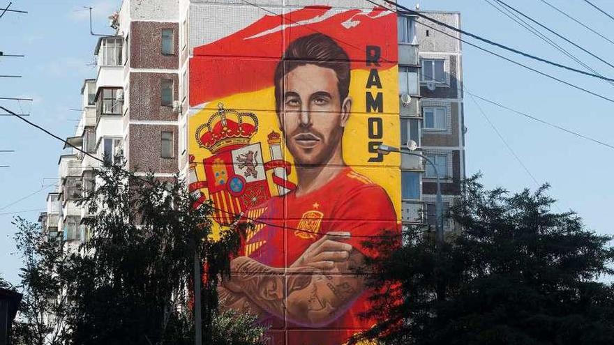La imagen de Sergio Ramos, en un edificio de Krasnodar.