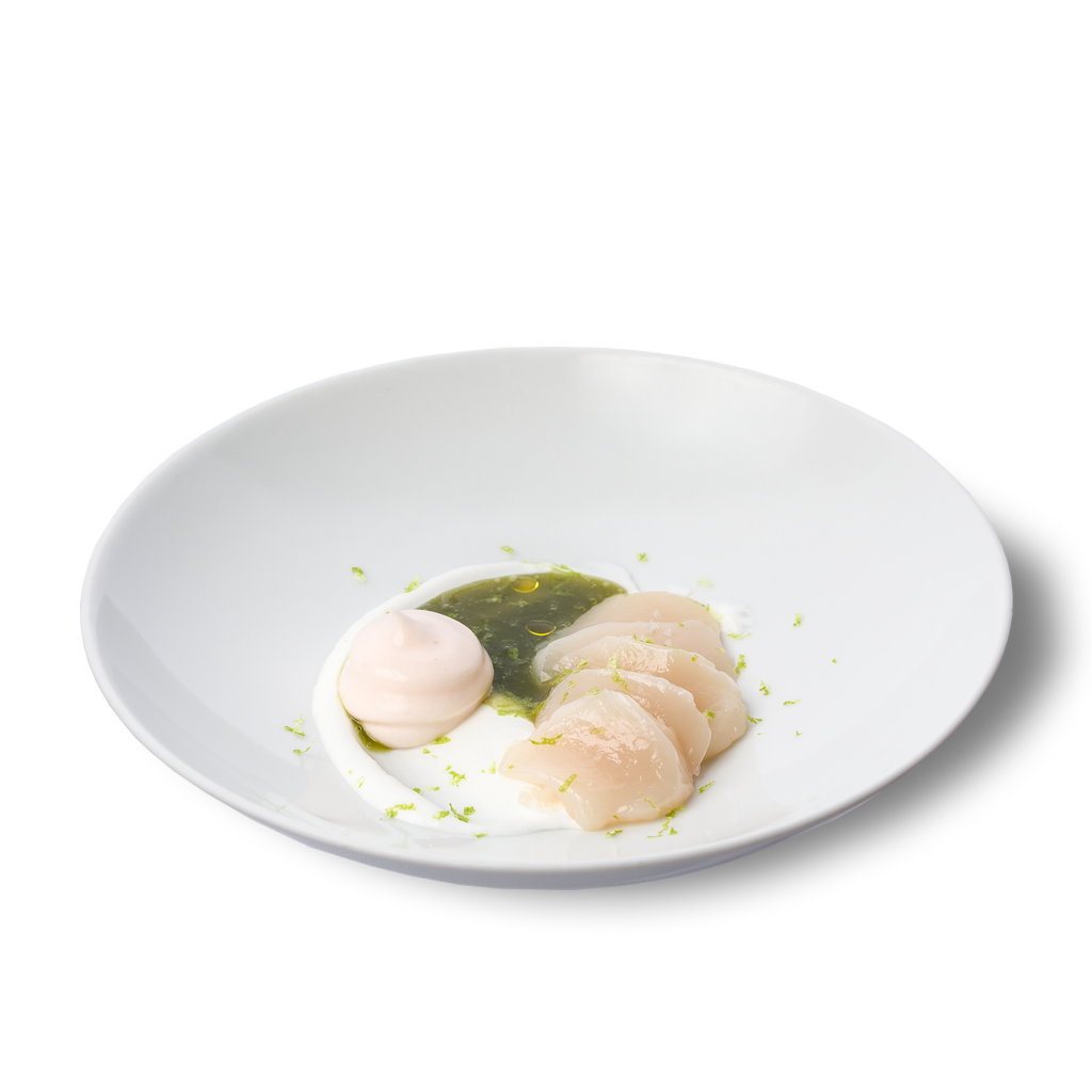 Vieiras de Cambados, cítricos ,jugo de aromáticas y un toque picante
