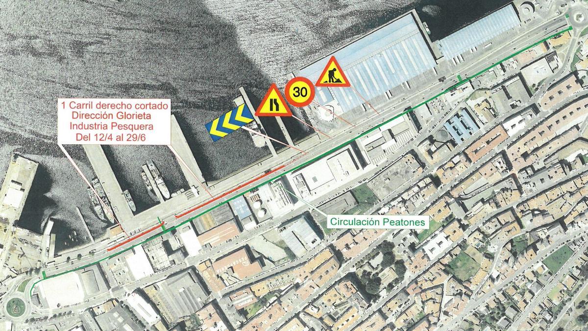 Plano de las obras del carril bici y de los cortes de tráfico en Beiramar.