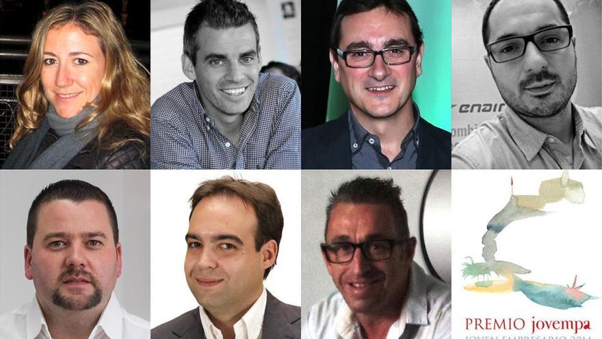 Empresarios finalistas que optan al Premio JOVEMPA Joven Empresario 2014. De izquierda a Derecha: Cristina Casamayor, Thomas Wolfgang , José Biedma, Juan Antonio Vila, Sebastián Cano, Pau Ferri y Juan Francisco García.