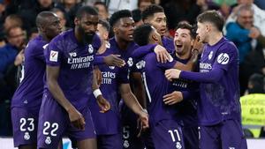 Los jugadores del Madrid celebran el gol de Rodrygo contra el Athletic Club