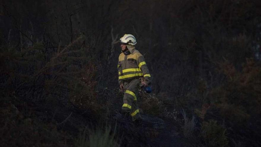 Un brigadista trabaja en las tareas de extinción del incendio declarado ayer en Viana do Bolo.