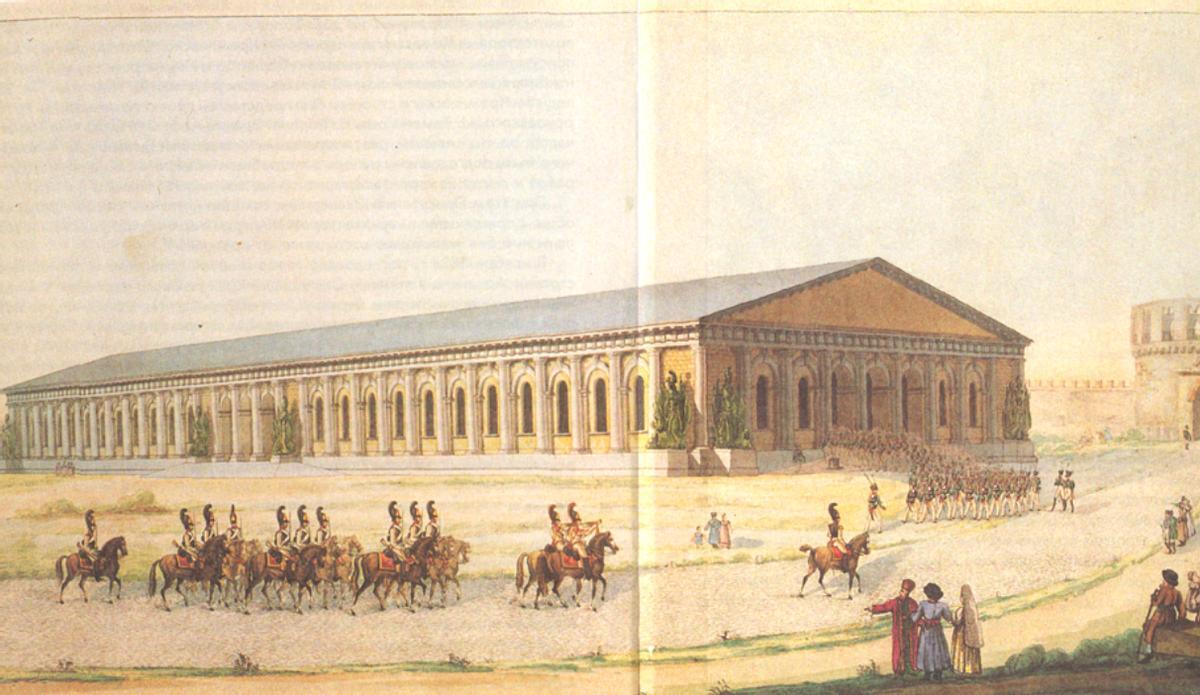 Acuarela de Agustín de Betancourt que representa el Manège de Moscú, la sala ecuestre que proyectó en 1817 para el zar.