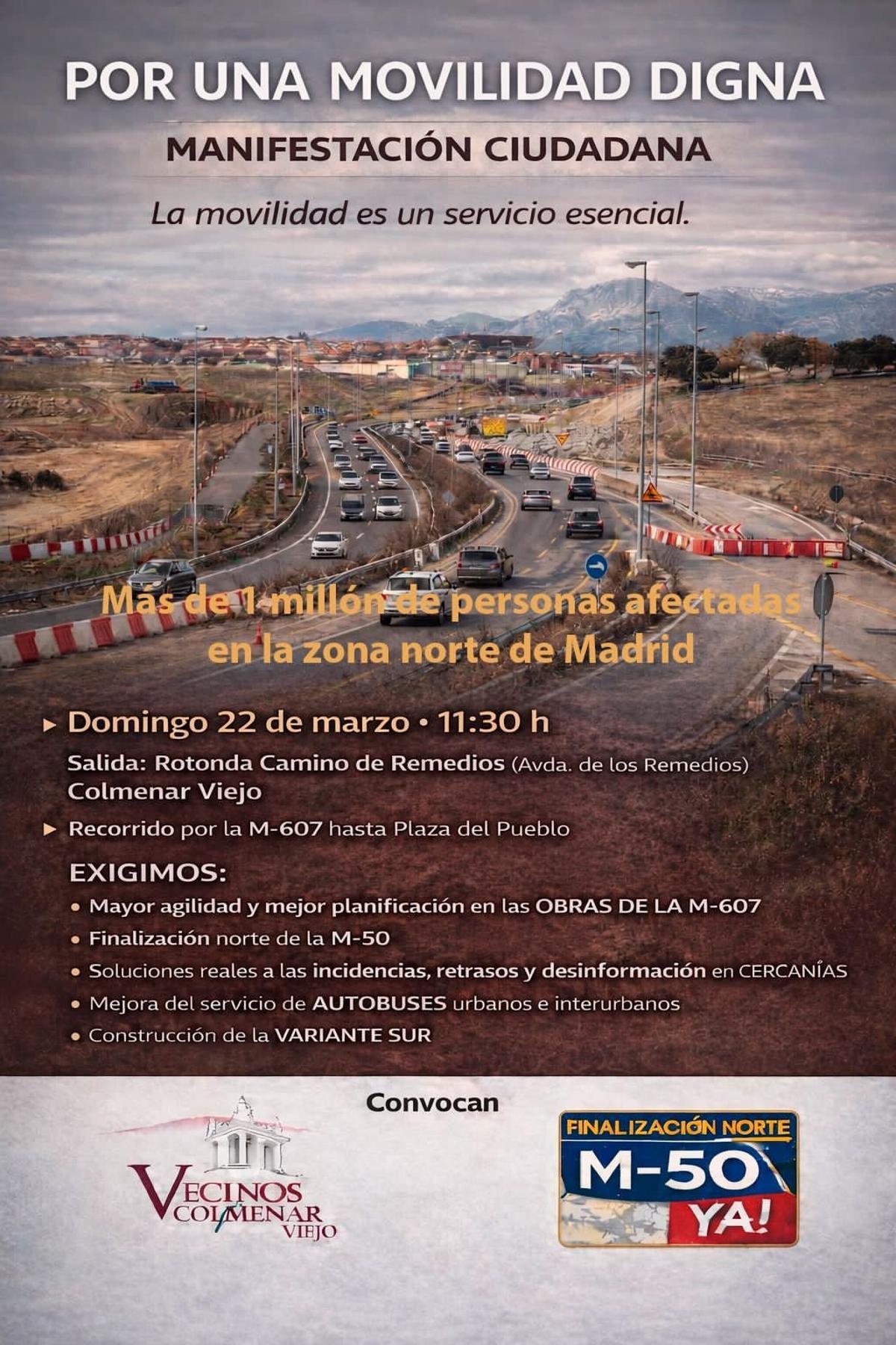 Cartel de la convocatoria de manifestación exigiendo una Movilidad Digna en la zona norte de Madrid