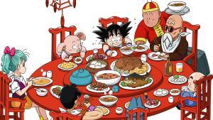 Goku disfruta de un buen banquete, acompañado de los personajes de la primera temporada de ’Dragon Ball’.