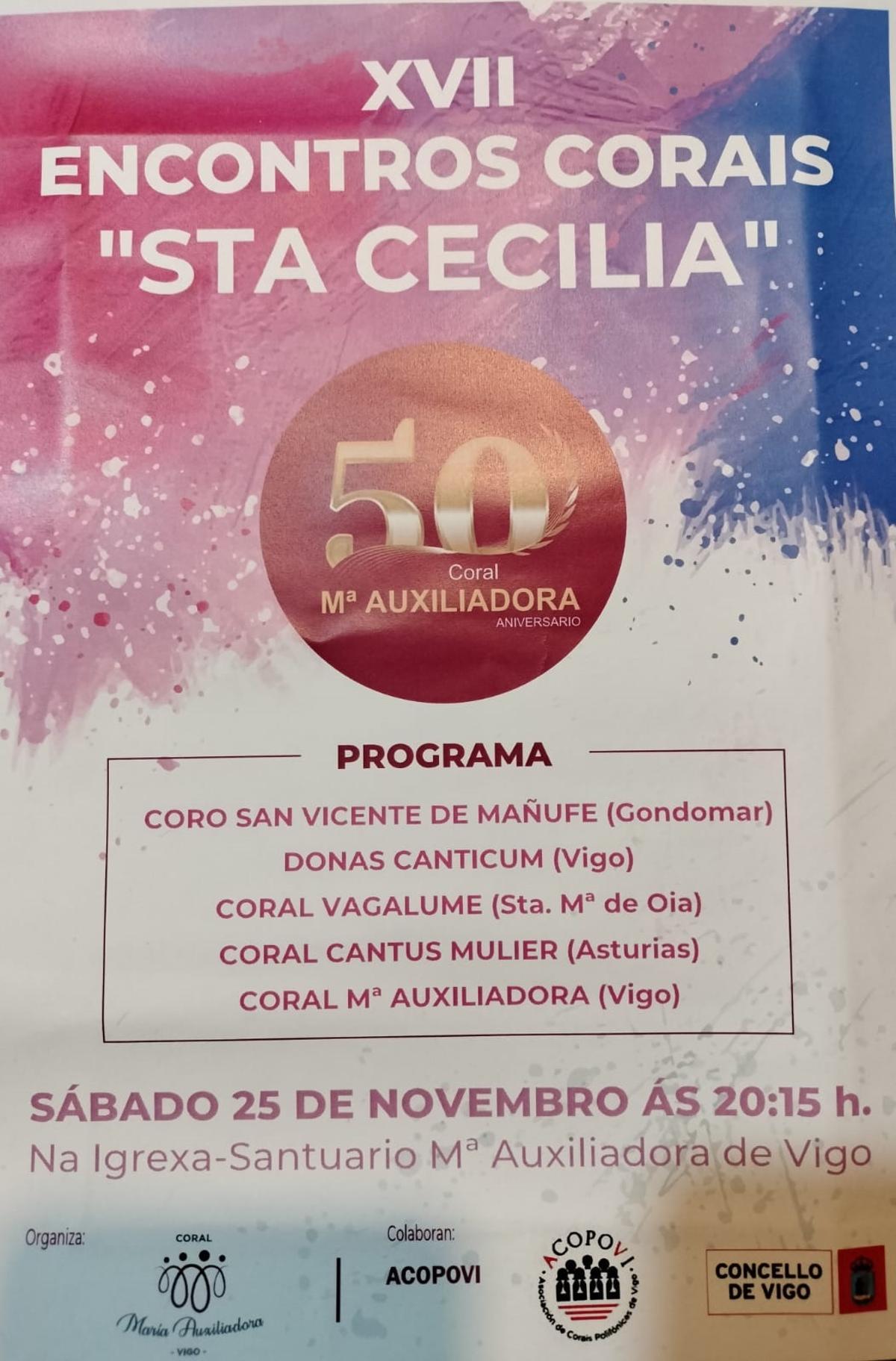 Cartel del concierto por el aniversario de la coral viguesa.