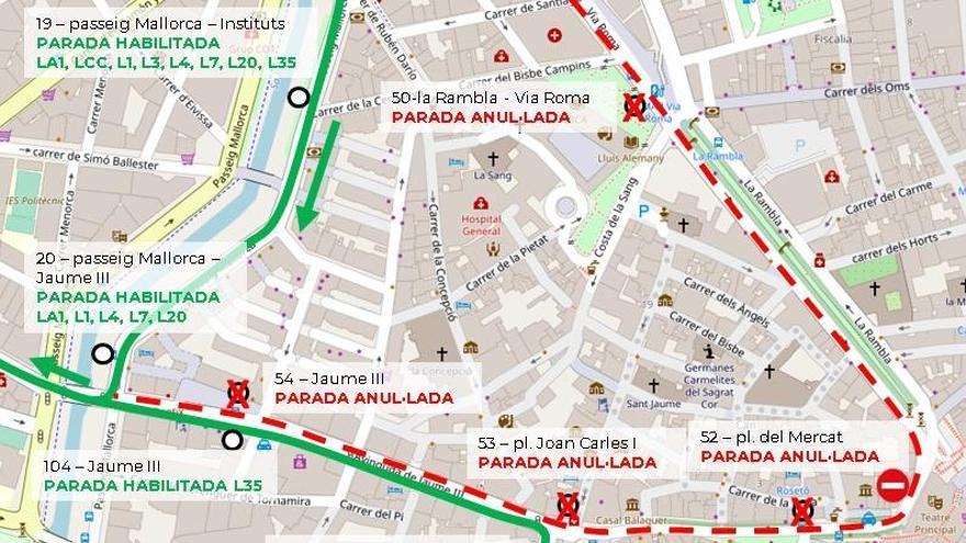 Desvíos en 4 líneas de bus por obras de asfaltado en la calle Riera de Palma