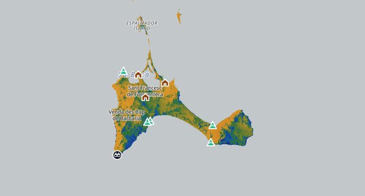Mapa de calor de la isla de Formentera que se ve en la aplicación TresEclipses.