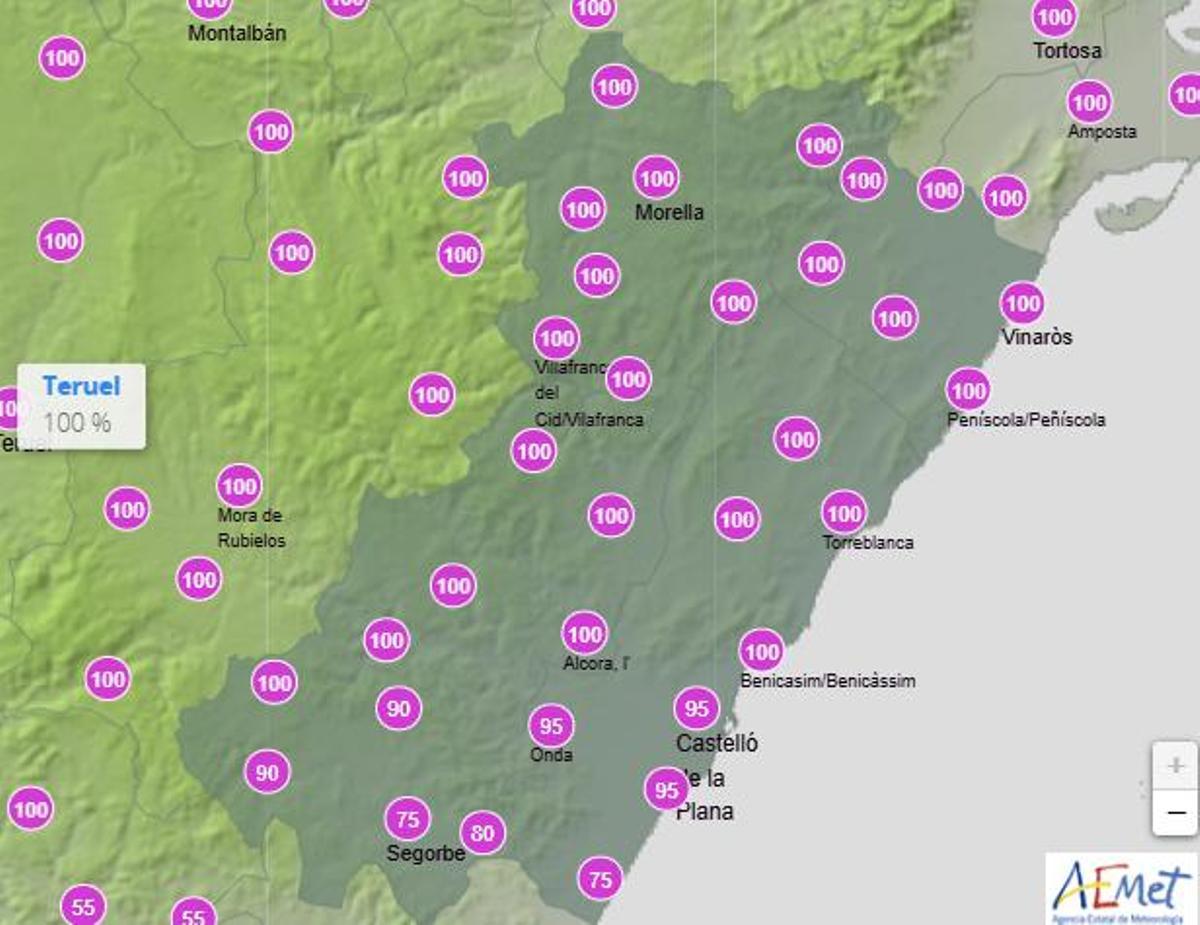 Probabilidad de lluvia en Castellón el martes entre las 12.00 y las 18.00 horas.