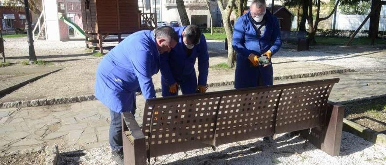 Dos alumnos de Lar comenzaron ayer con el mantenimiento del Xardín Umbrío de Vilanova. // Noé Parga