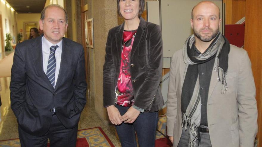 Leiceaga (PSdeG), Ana Pontón (BNG) y Luís Villares (En Marea), esta mañana en el Parlamento. // Xoán Álvarez