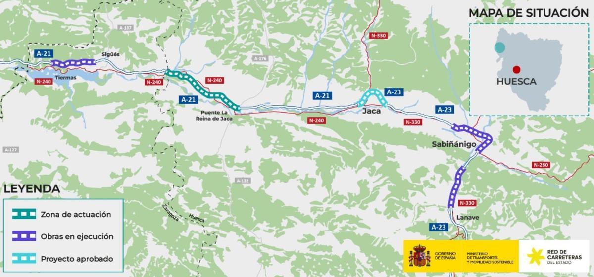 Plano donde se detalla la actuación prevista en el tramo de la A-21 entre Puente la Reina de Jaca y el límite con la provincia de Zaragoza.