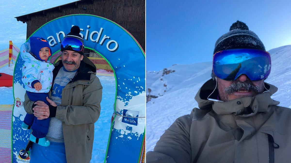 Alfonso Rey practicando snowboard en San Isidro, con su familia