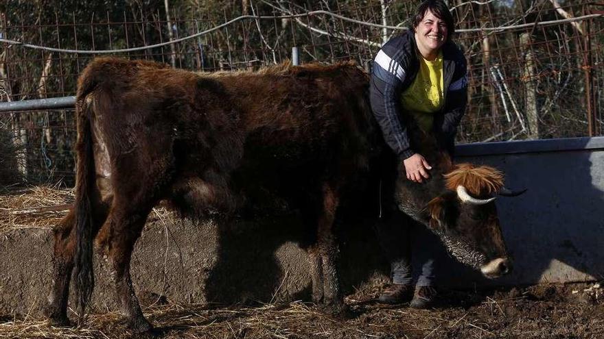 Diana Pino, ayer, con una de sus vacas vianegas en su granja de San Cosme de Arriba. // Ricardo Grobas