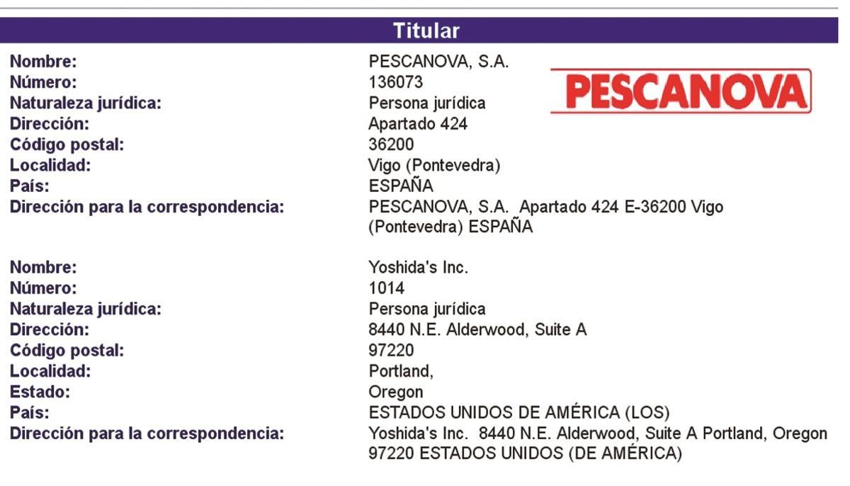 Registro de la marca Pescanova, compartida con Yoshida's, entonces de Heinz. Así constaba en el registro de la OAMI