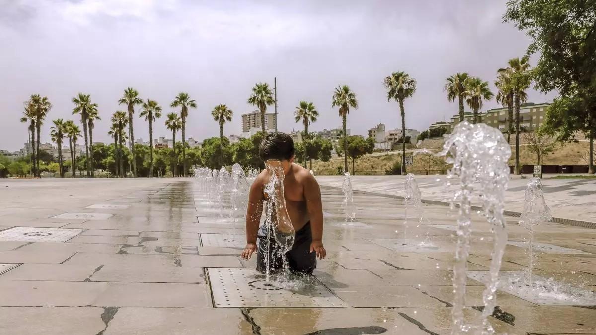 Ein Junge kühlt sich an einem Springbrunnen im Parc de Sa Riera in Palma ab.