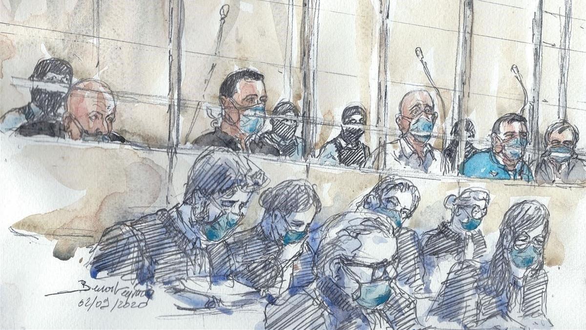 Dibujo de los acusados y sus abogados durante la primera sesión del juicio por el atentado contra 'Charlie Hebdo'.