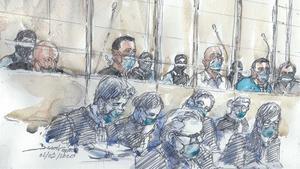 Dibujo de los acusados y sus abogados durante la primera sesión del juicio por el atentado contra ’Charlie Hebdo’.