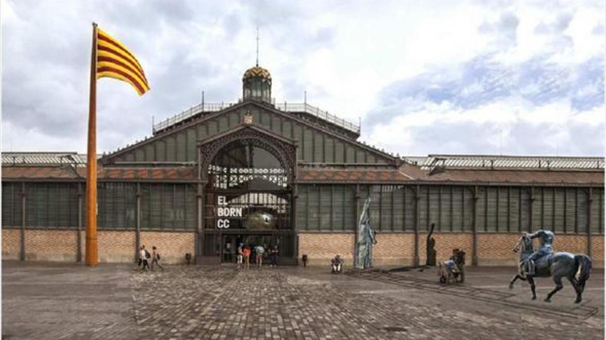 Recreación de la instalación, en el exterior del Born, de la estatua ecuestre de Franco, realizada por Viladomat, y la Victoria de Marès.