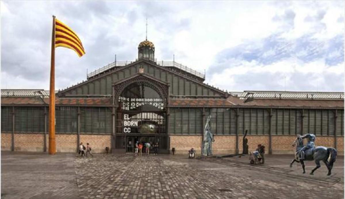 Recreación de la instalación, en el exterior del Born, de la estatua ecuestre de Franco, realizada por Viladomat, y la Victoria de Marès.