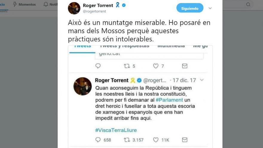 Torrent denuncia un montaje en el que llama a fusilar &quot;charnegos&quot; y &quot;españoles&quot;