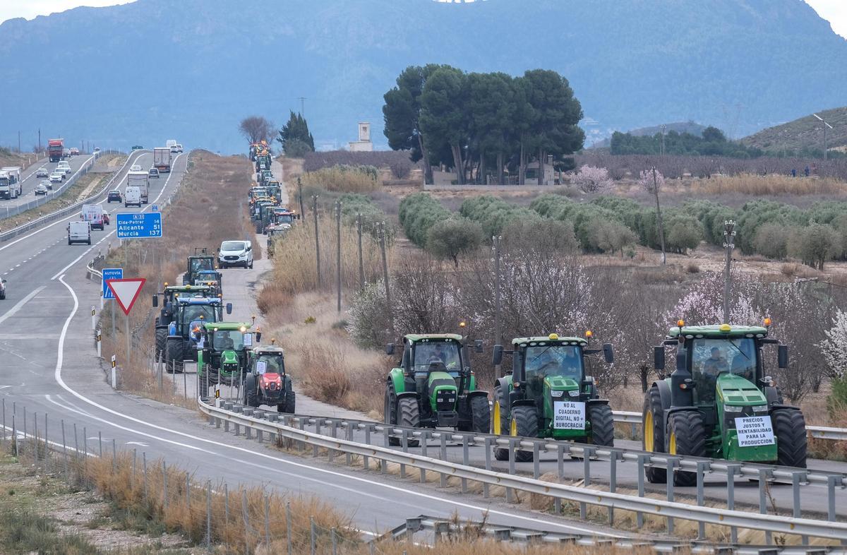 Columna de tractores en la vía de servicios de la A-31, en Villena.