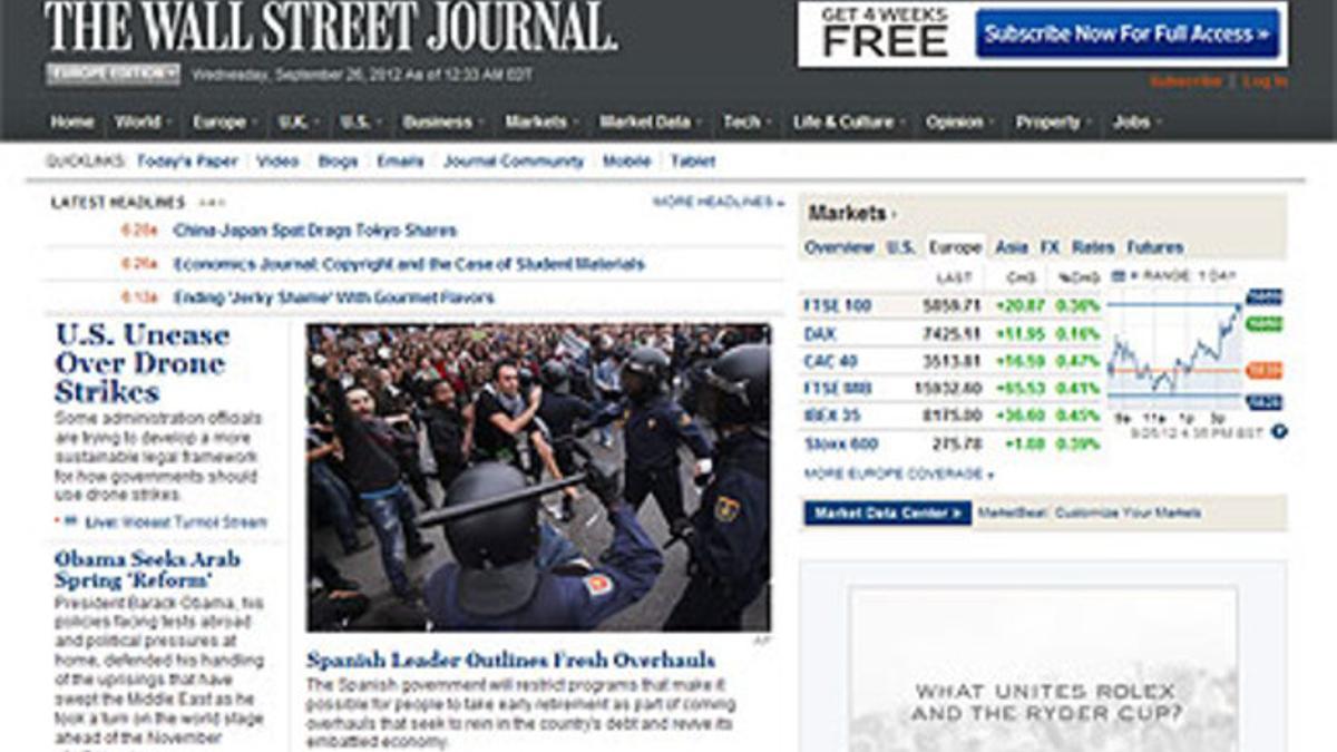 Captura de la web del diario 'The Wall Street Journal' en la que aparece el artículo dedicado a España.