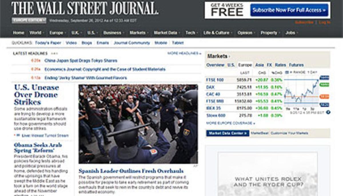 Captura de la web del diari ’The Wall Street Journal’ en què apareix l’article dedicat a Espanya. Captura de la web del diari ’The Wall Street Journal’ en què apareix l’article dedicat a Espanya.