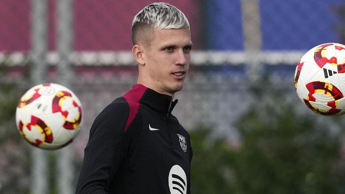 Dani Olmo, en el último entrenamiento del Barça antes de debutar en la Copa del Rey en Barbastro.