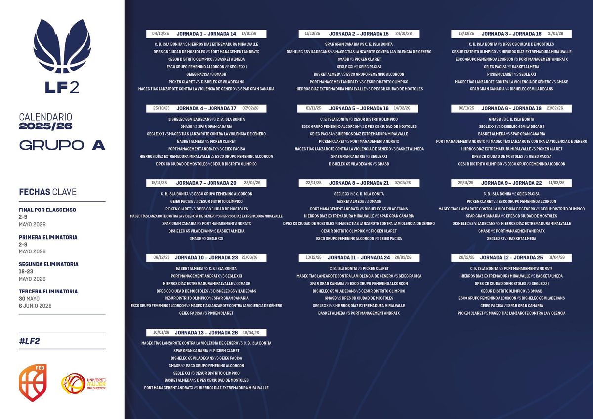 Imagen del calendario completo del grupo A de Liga Femenina 2.