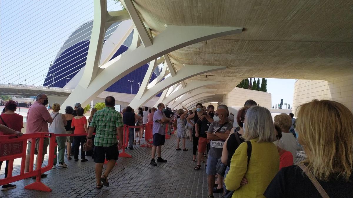 Colas en el vacunómetro en la zona con sombra.