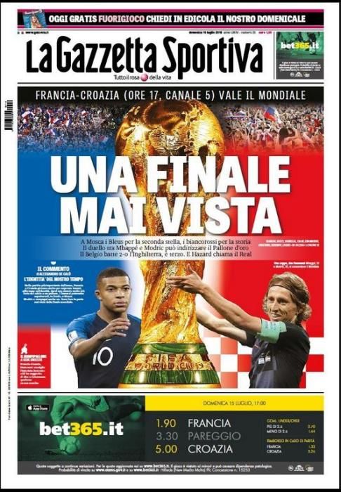 Portada GAZZETTA SPORTIVA domingo 15 de julio