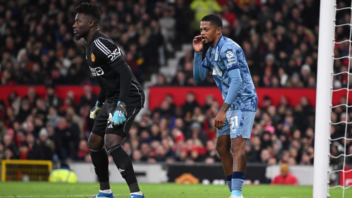 André Onana recibiendo la distracción de Bailey, del Aston Villa