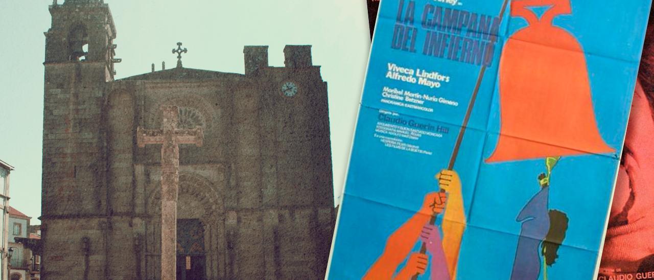 A la izquierda, la fachada occidental de San Martiño de Noia; a la derecha, carteles de &#039;Las campanas del infierno&#039;