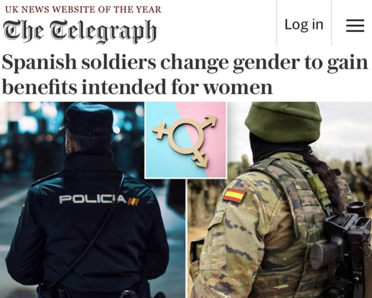 Portada del Telegraph, el pasado 5 de marzo que titula (traducido al castellano): &quot;Soldados españoles cambian de género para obtener beneficios destinados a las mujeres&quot;.