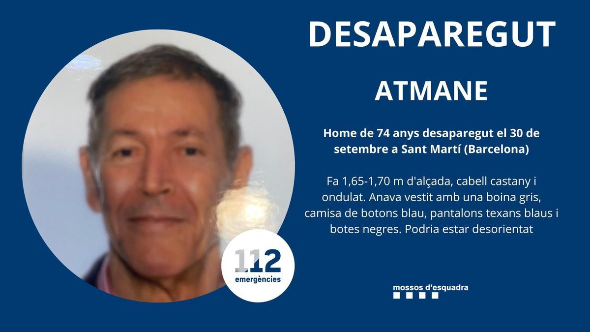 Mossos piden ayuda para encontrar a un ciudadano desaparecido en Sant Martí (Barcelona). Mossos piden ayuda para encontrar a un ciudadano desaparecido en Sant Martí (Barcelona).