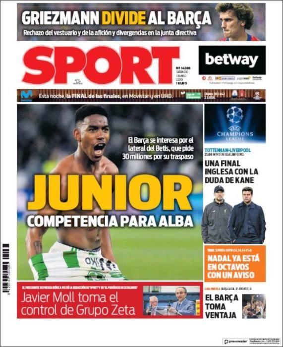 Portada SPORT sábado 1 de junio de 2019